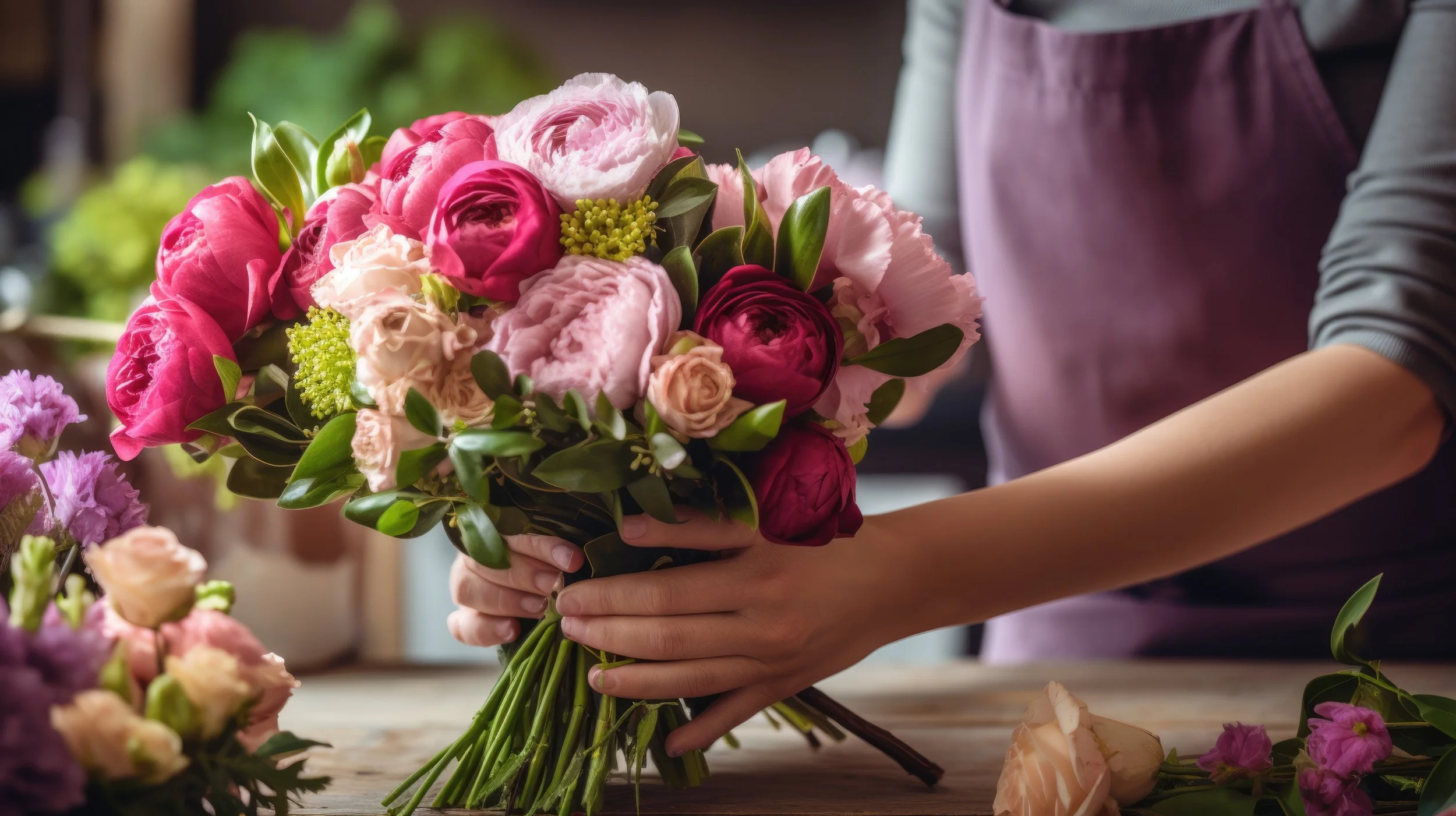 Person holding a bouquet of pink and white flowers, working at a flower shop or workshop.