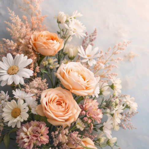 A bouquet of peach roses, white daisies, and pink and purple filler flowers against a soft, pastel background.