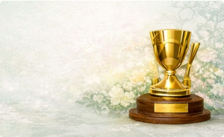 A gold trophy and a gold medal on a wooden base with a plaque, placed on a light-colored surface with floral background.