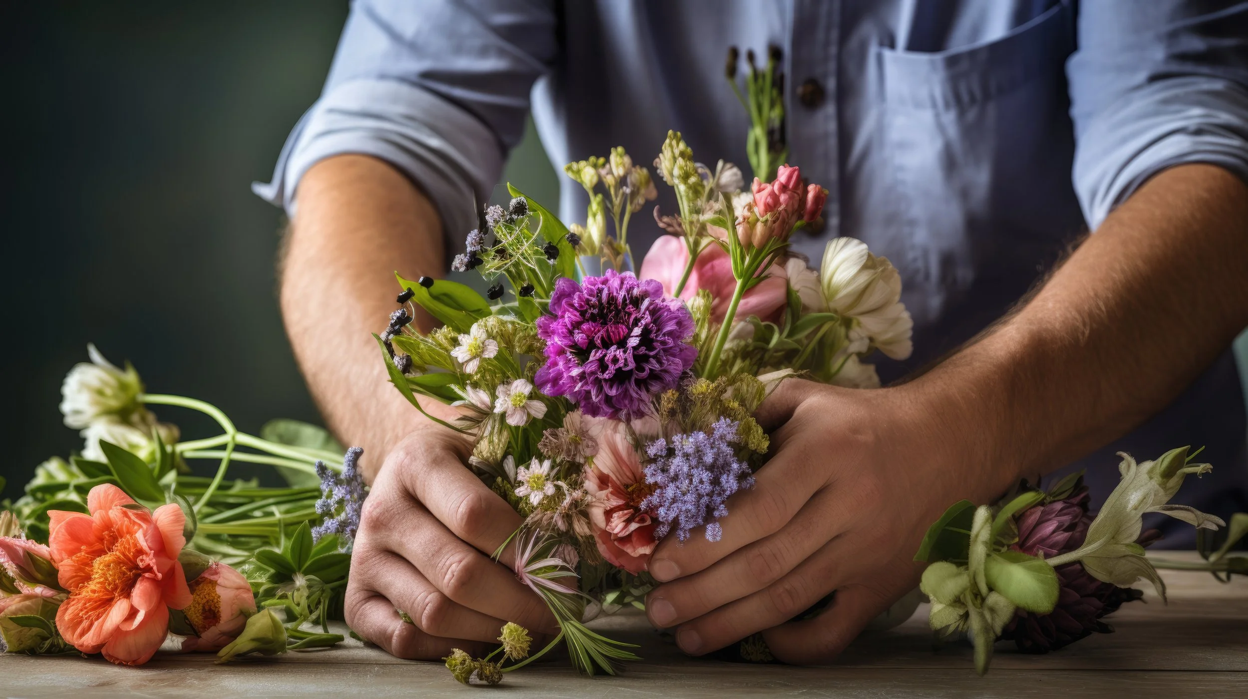 Person arranging a variety of colorful fresh flowers on a table.
