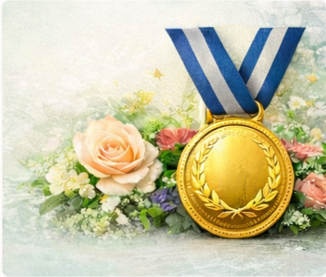 A gold medal with a blue and white ribbon, placed on top of a floral arrangement with roses and greenery.