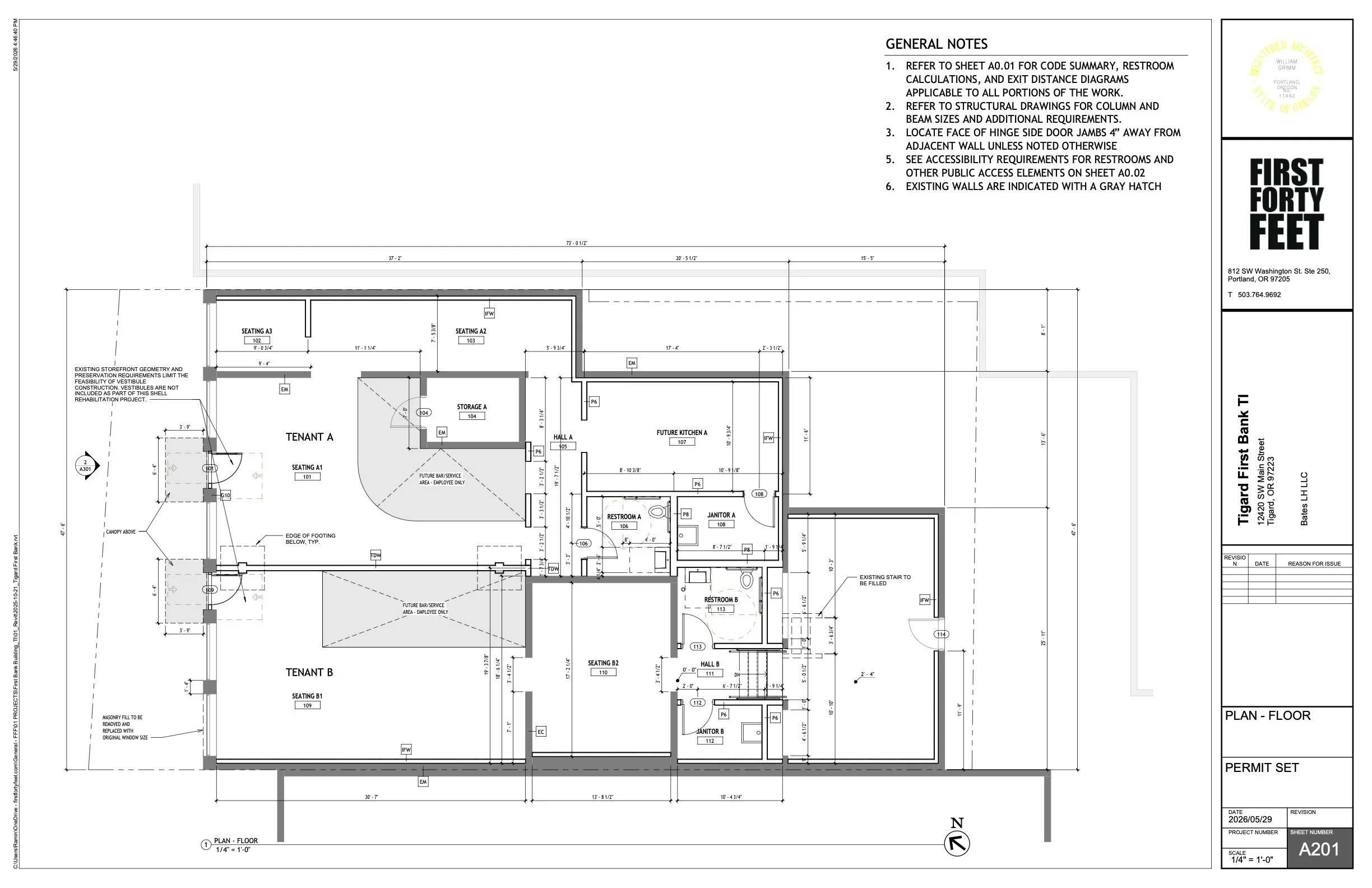 Architectural floor plan drawing for a building, showing rooms, dimensions, and structural details.