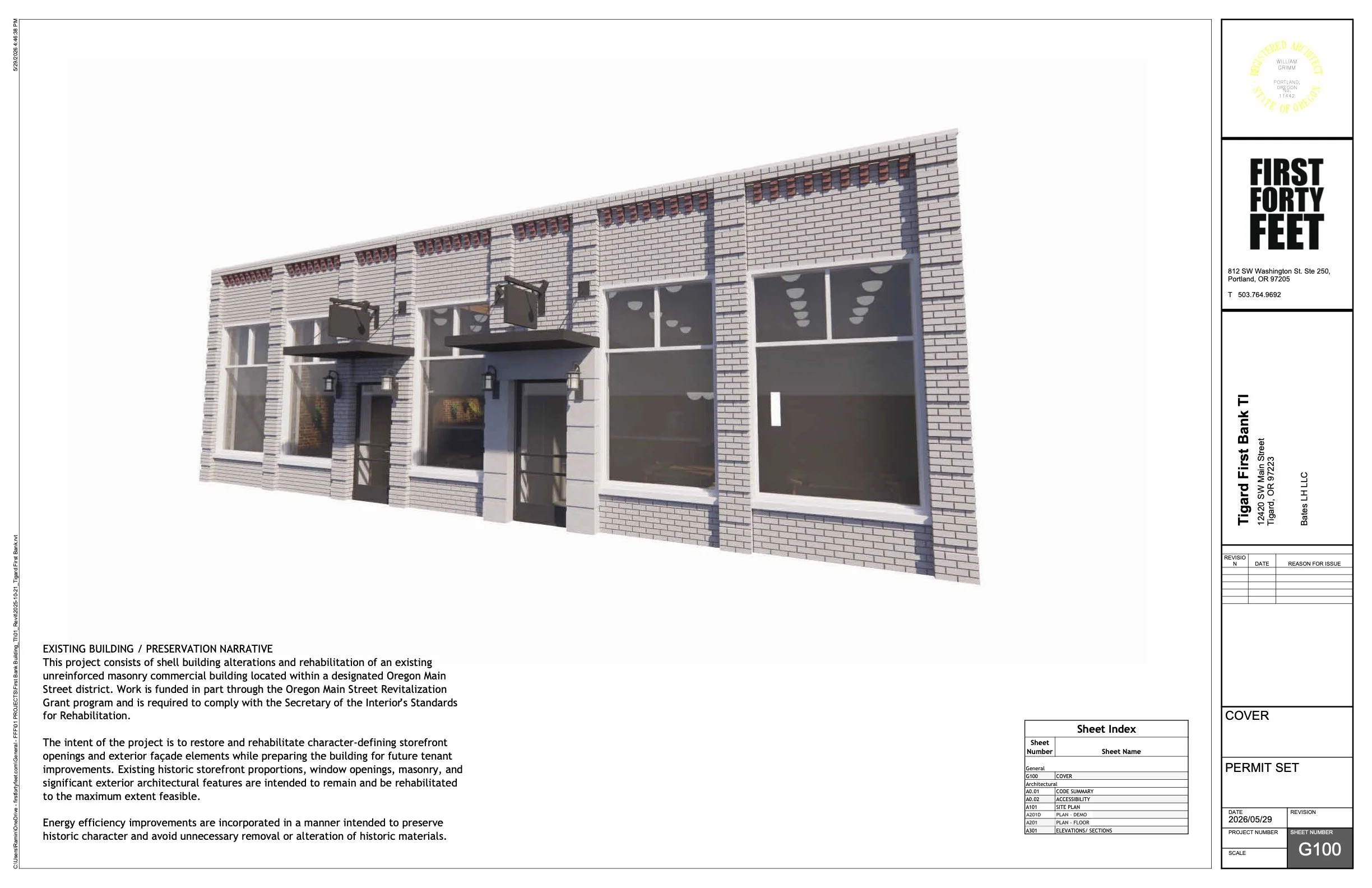 Rendering of a building exterior with brick facade, large windows, and architectural details for a preservation project.