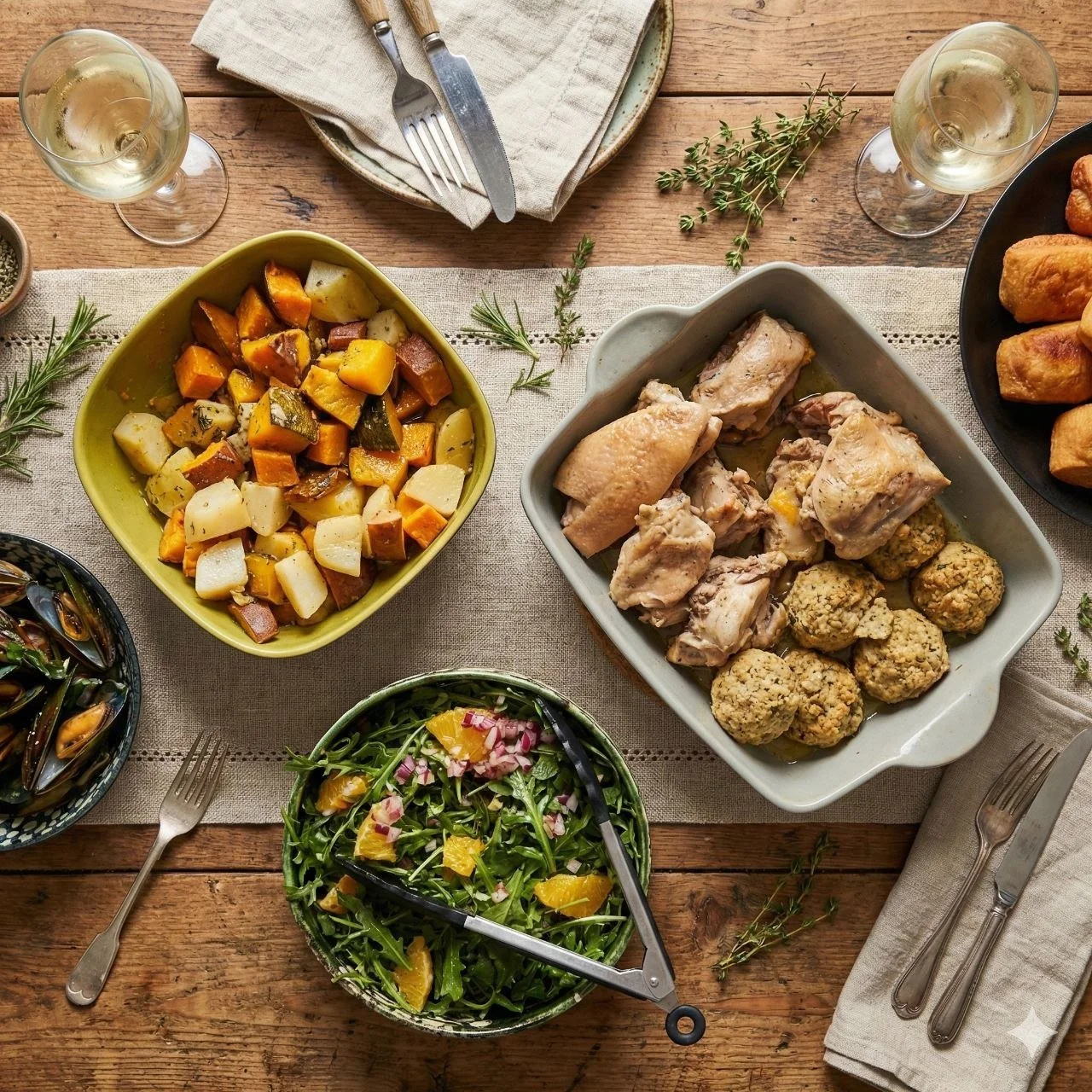 A beautifully presented home-cooked dinner spread prepared by Bull Delamotte, reflecting his passion for culinary excellence, global hospitality, and creating premium guest experiences.