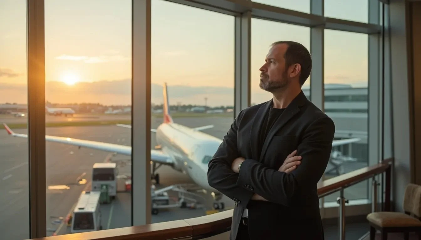 Bull Delamotte, premium aviation guest services and hospitality professional, standing in an upscale international airport lounge.  He is wearing a dark tailored blazer and looking thoughtfully out a large floor-to-ceiling window at an aircraft.