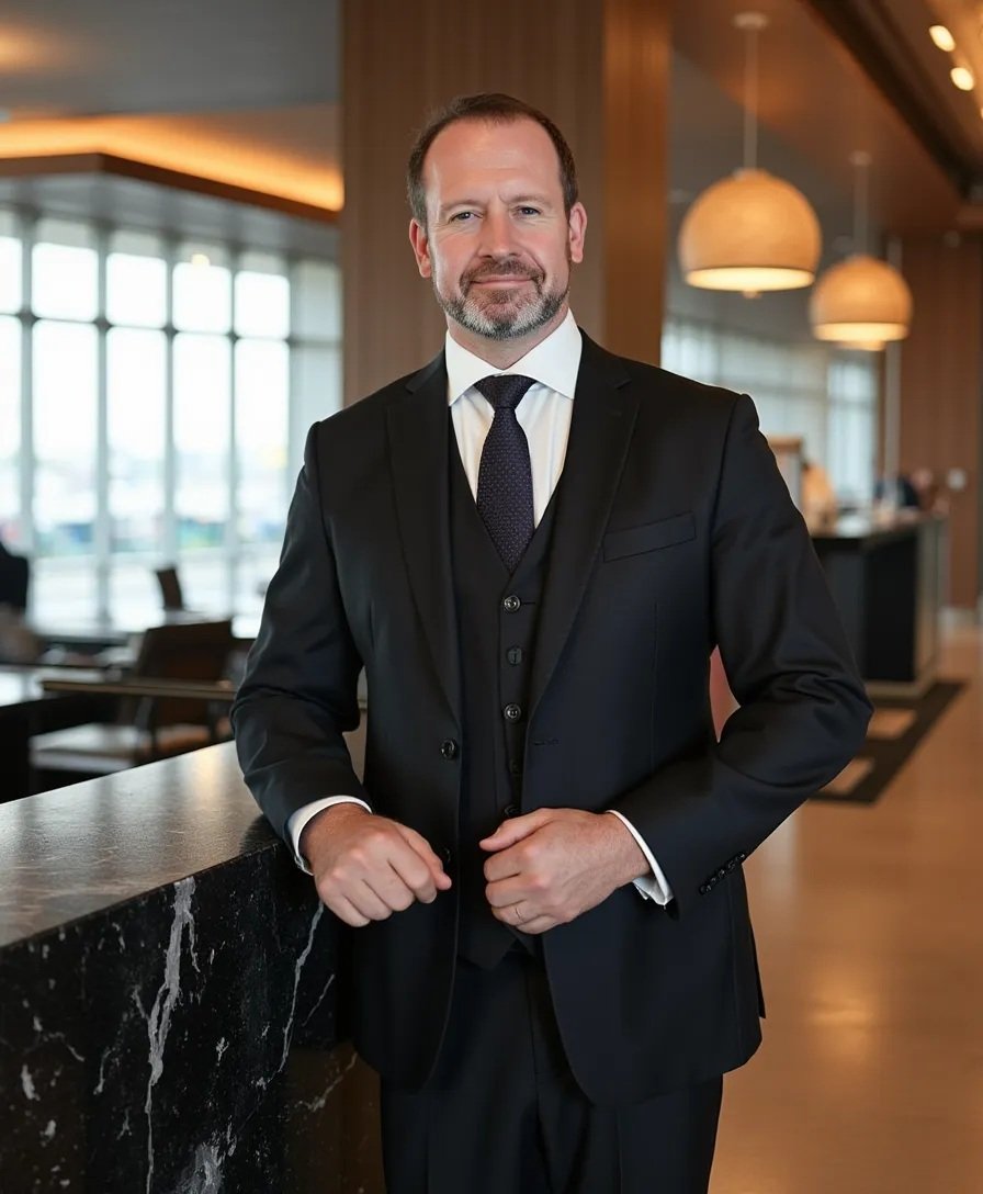 Bull Delamotte, premium guest services and aviation hospitality professional, standing behind a marble reception desk in a luxury airport lounge wearing a formal dark three-piece suit.