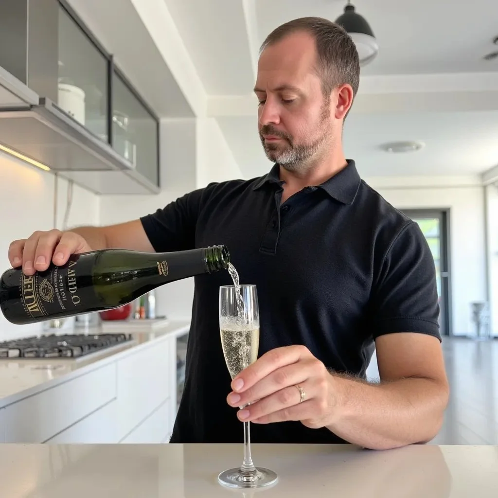Bull Delamotte, premium aviation guest services professional, pouring a glass of champagne in a modern home setting, representing a sophisticated hospitality lifestyle.
