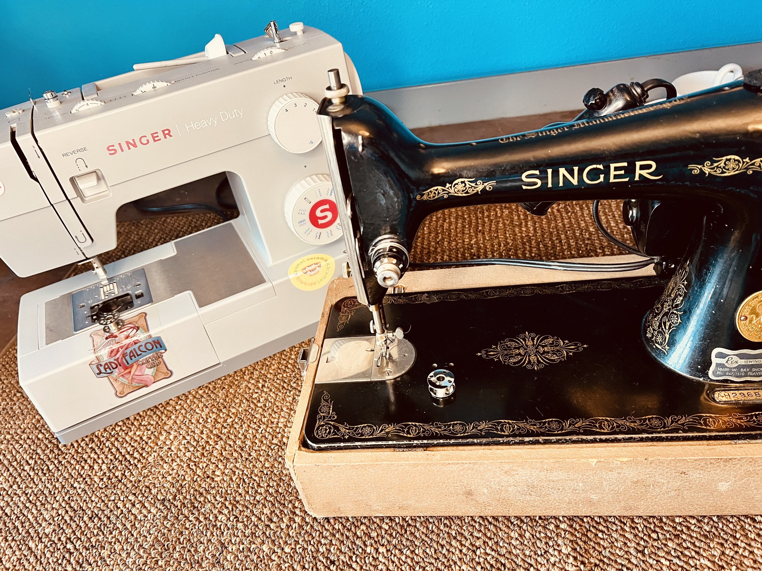 Two sewing machines, a Singer Heavy Duty and an antique Singer 66. These are my personal machines and I love them deeply