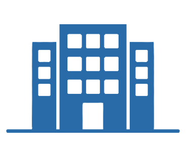 Blue icon of a multi-story office building with a central entrance.
