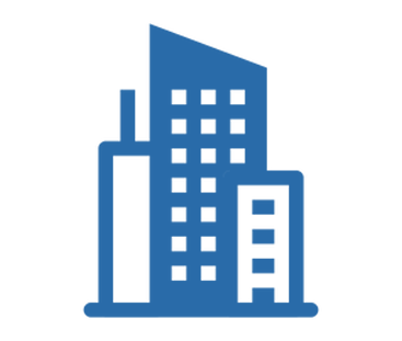 A blue, stylized illustration of a multi-story building with windows.