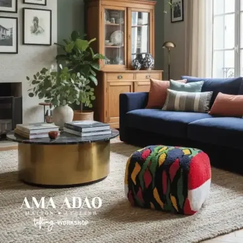 Salon d'une maison bourgeoise montrant un pouf sur mesure de la la Maison et Atelier Ama Adao créé par Chloé Fortunet. 