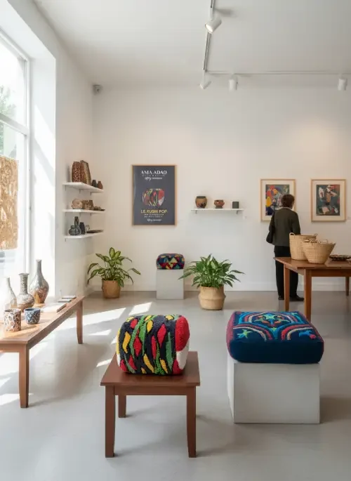Une galerie d'art exposant la collection des poufs colorées de la la Maison et Atelier Ama Adao créé par Chloé Fortunet avec un motif stylisé et retravaillé des mosaiques de l'opéra Garnier.