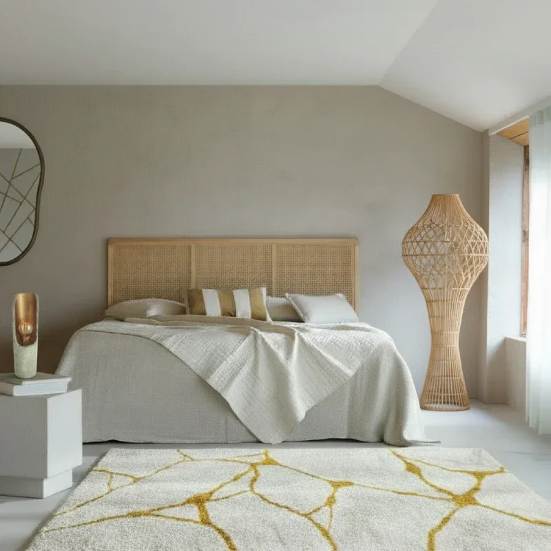 Chambre à coucher avec un lit beige, un tapis blanc de la Maison et Atelier Ama Adao créé par Chloé Fortunet, avec des lignes dorées représentant le Kintsugi, Art Japonais, une lampe en béton de la marque Korto Creation.