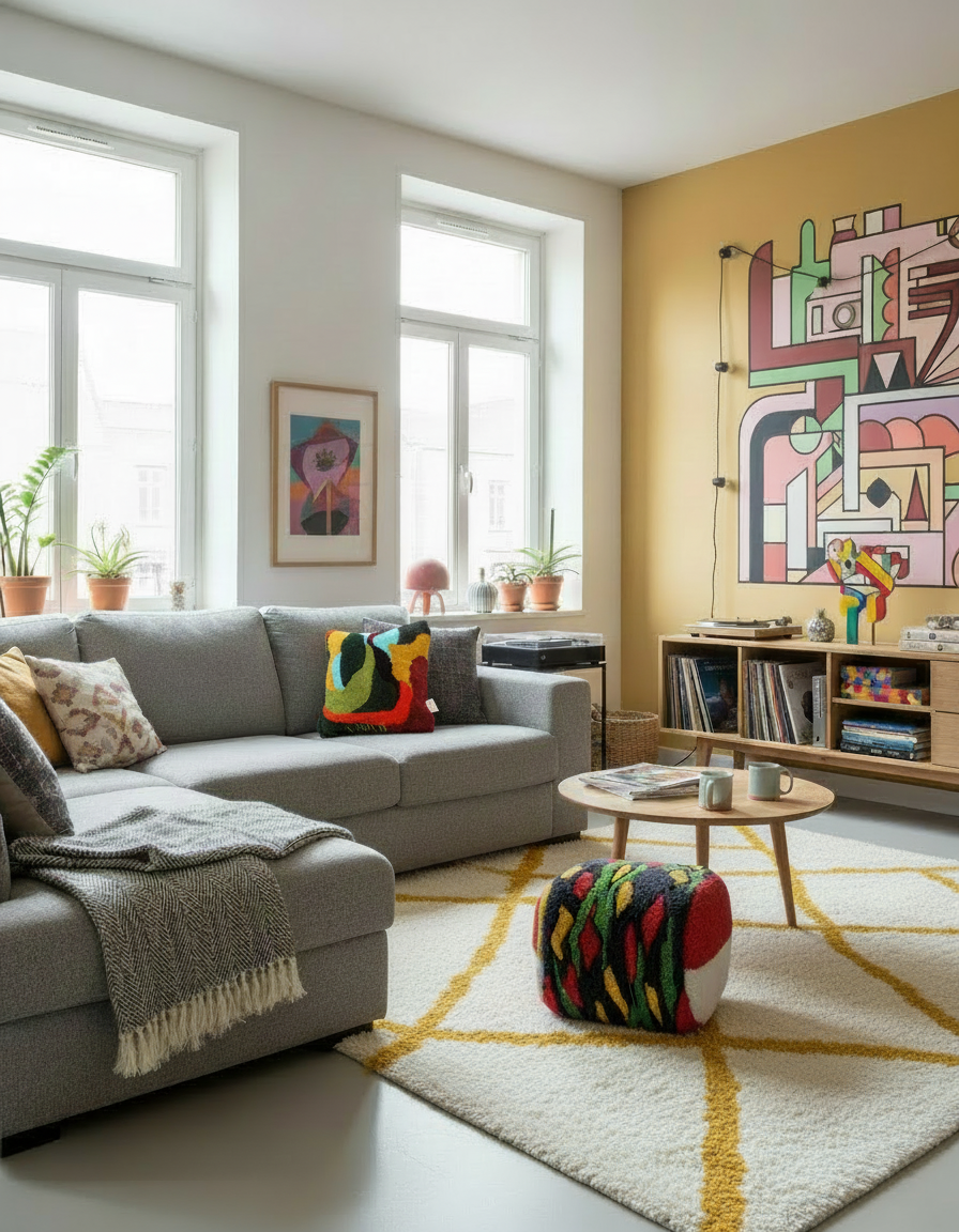 Salon lumineux, canapé habillé des pièces textiles de la de la Maison et Atelier Ama Adao avec plusieurs coussins colorés,  pouf coloré, étagère en bois avec vinyles, décor mural abstrait coloré.