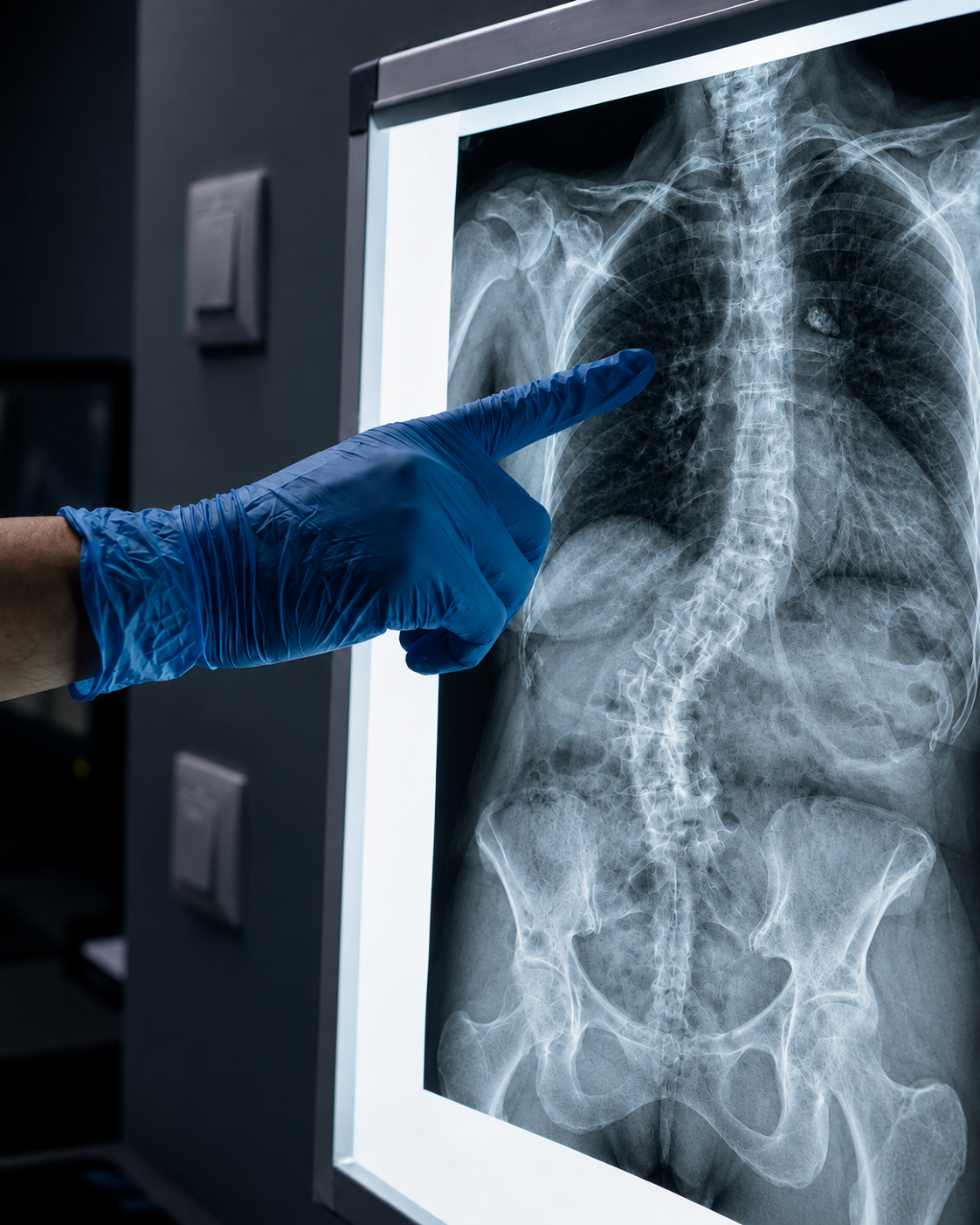 Gloved clinician reviewing a spine X-ray