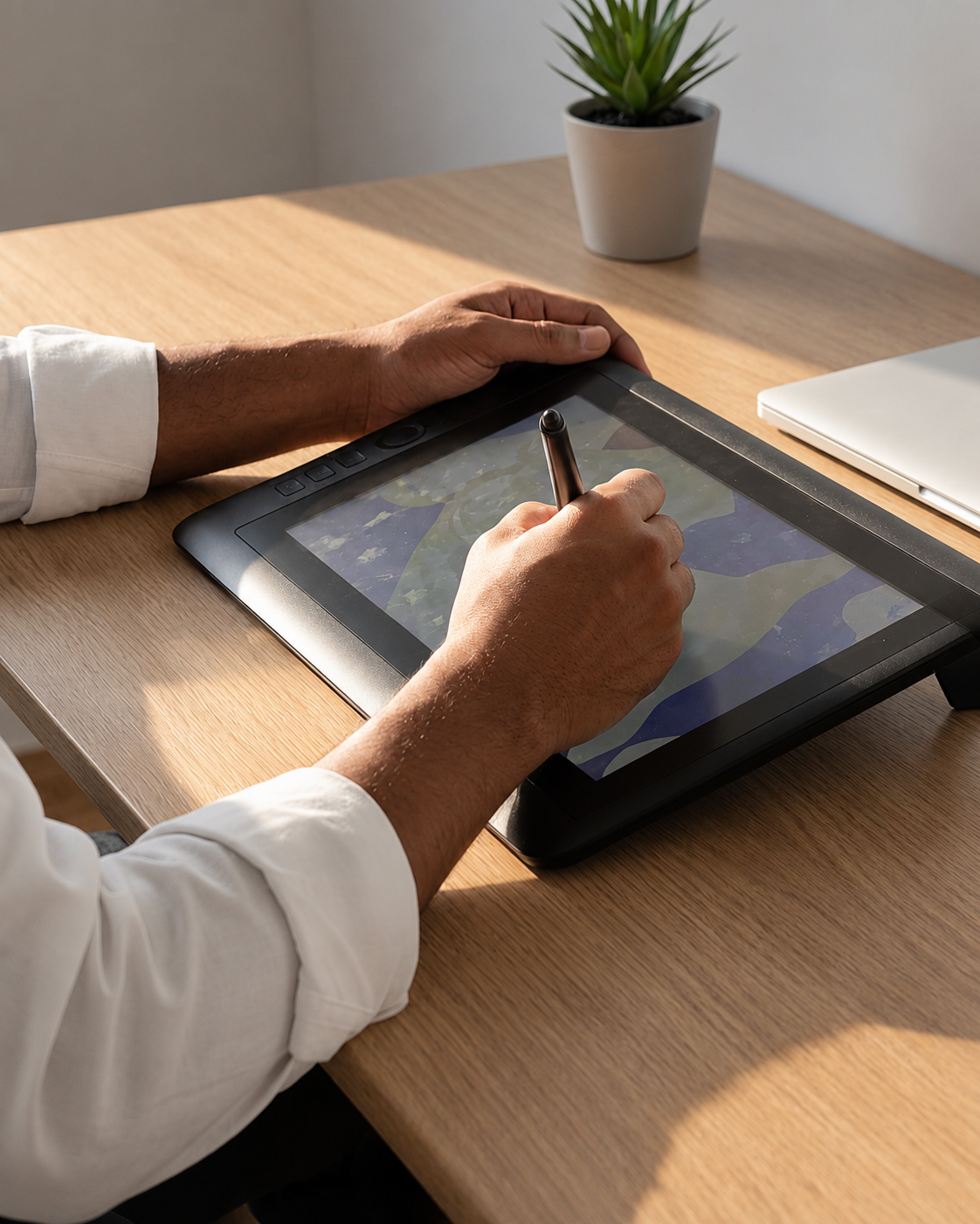 Person completing a health questionnaire on a tablet at a desk