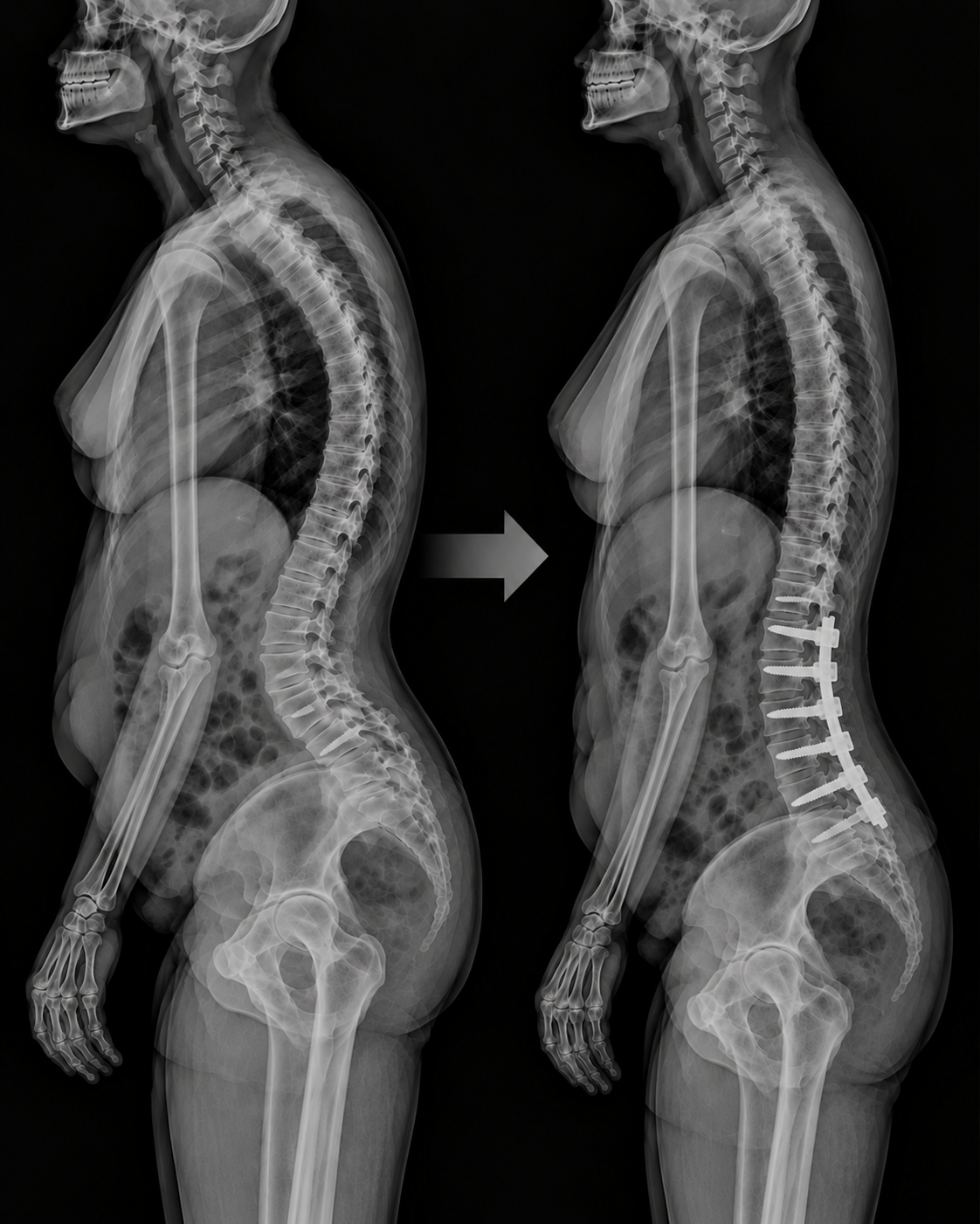 Side-by-side lateral spine images showing spinal alignment before and after lumbar fusion.