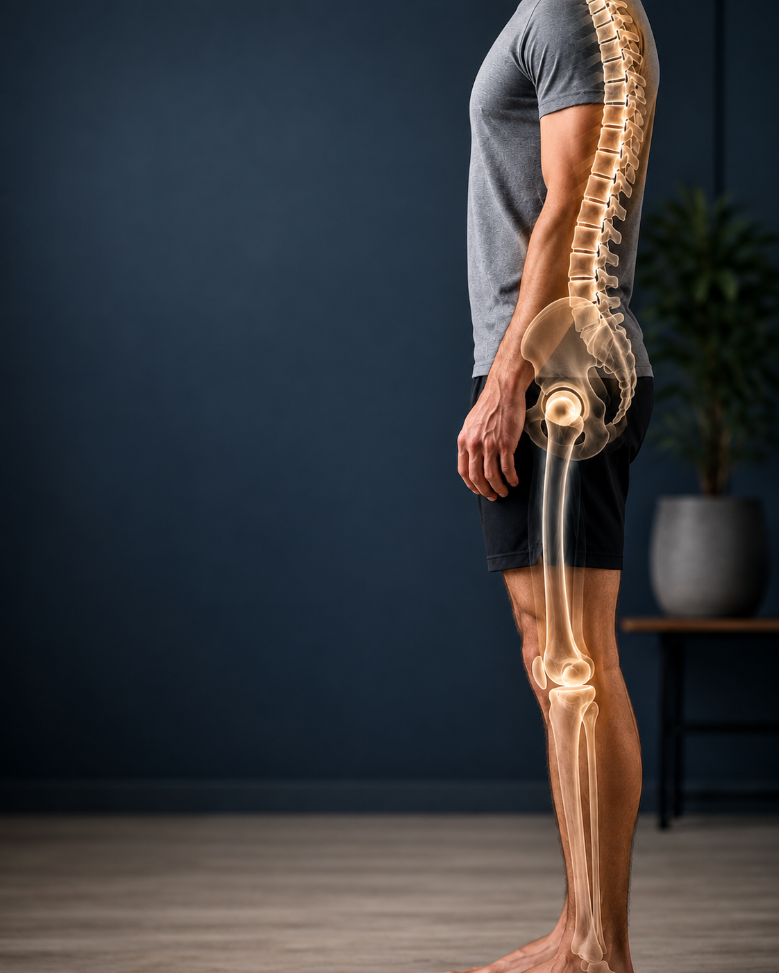 Side view of a man with an anatomical overlay showing the spine, pelvis, and leg joints.