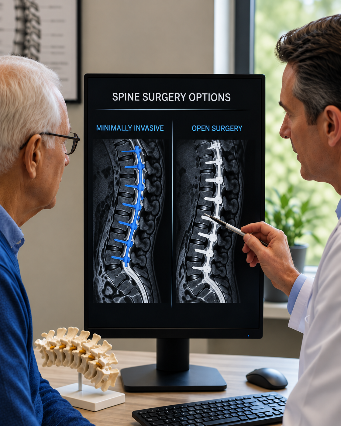 An older patient and a doctor review minimally invasive and open spine surgery illustrations on a monitor.