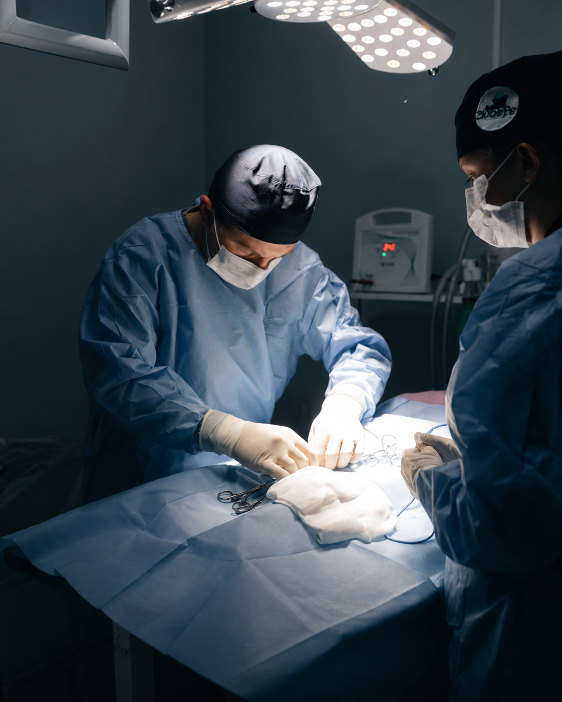 Surgeons performing an operation, illustrating minimally invasive adult spinal deformity surgery.