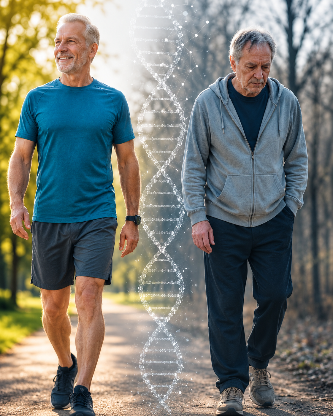 Two older men with contrasting posture and activity levels beside an illustrated DNA helix.
