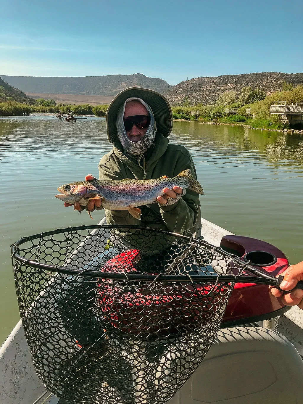 Person in a boat holding a rainbow trout with a scenic river and mountains in the background.