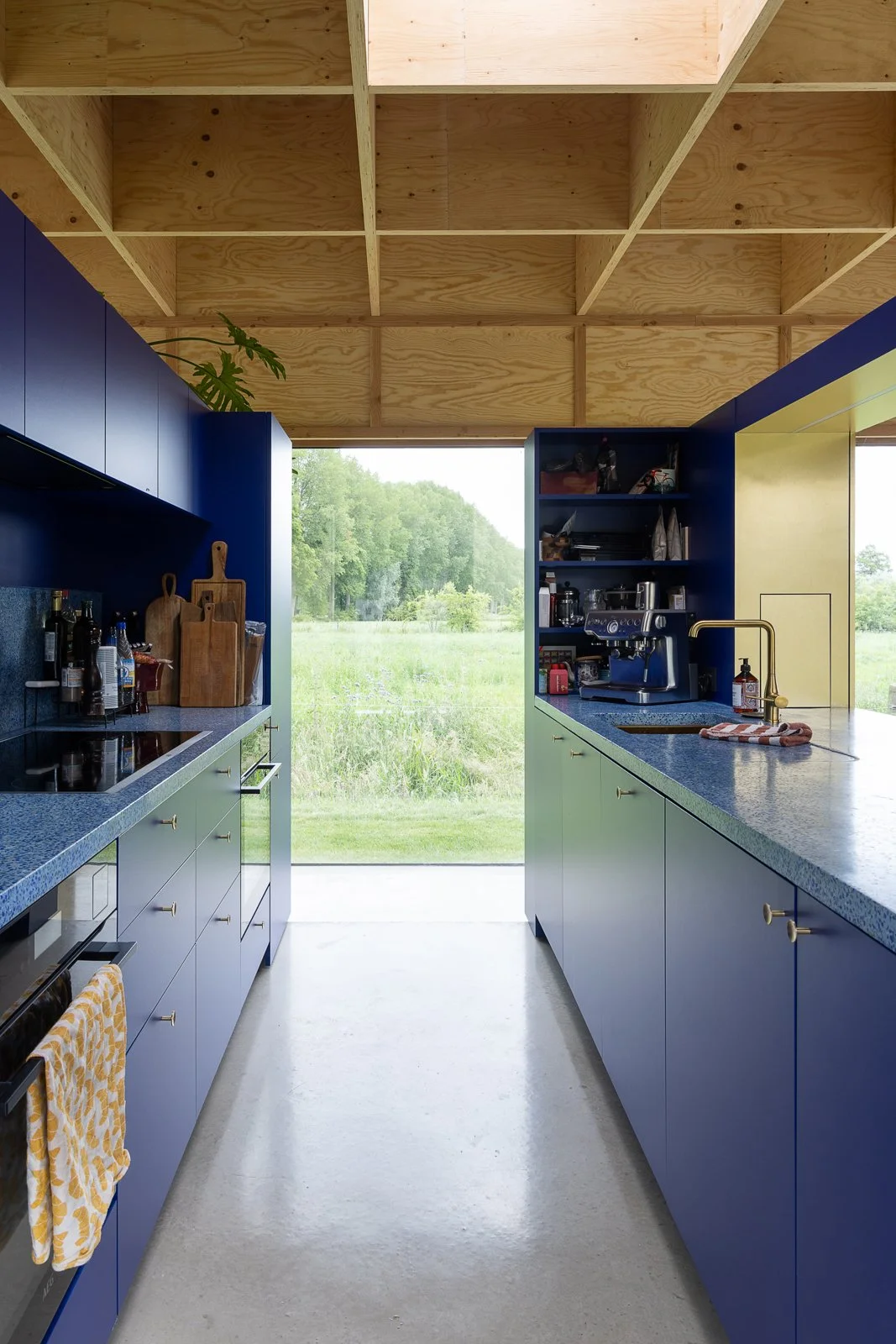 Modern kitchen with blue cabinets, a yellow drawer, and a wooden ceiling, opening to a green outdoor field.
