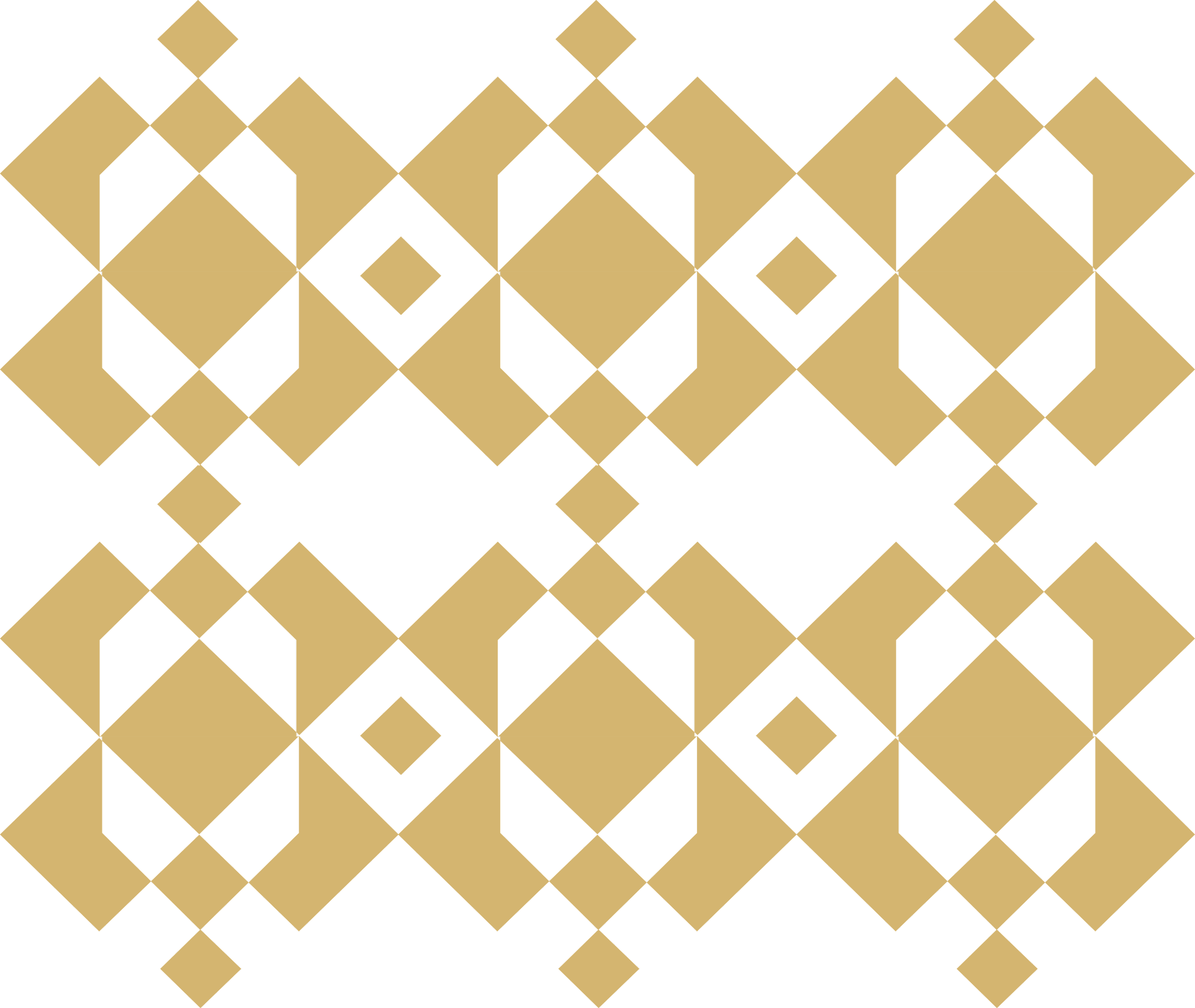 A geometric pattern of gold diamond and square shapes on a black background.
