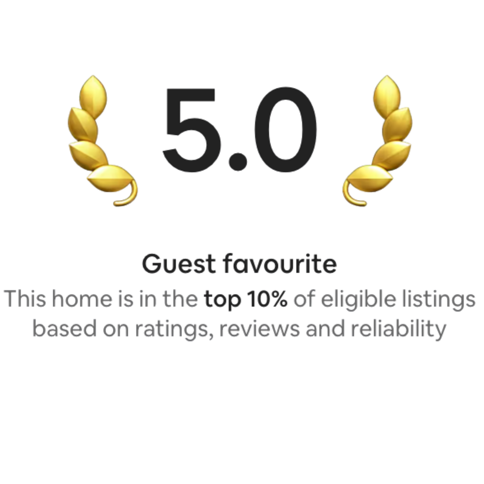 Award badge with gold laurel wreaths, rating 5.0, indicating guest favorite and top 10% of eligible listings based on ratings, reviews, and reliability.