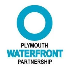 Logo for Plymouth Waterfront Partnership with a blue circle and text.