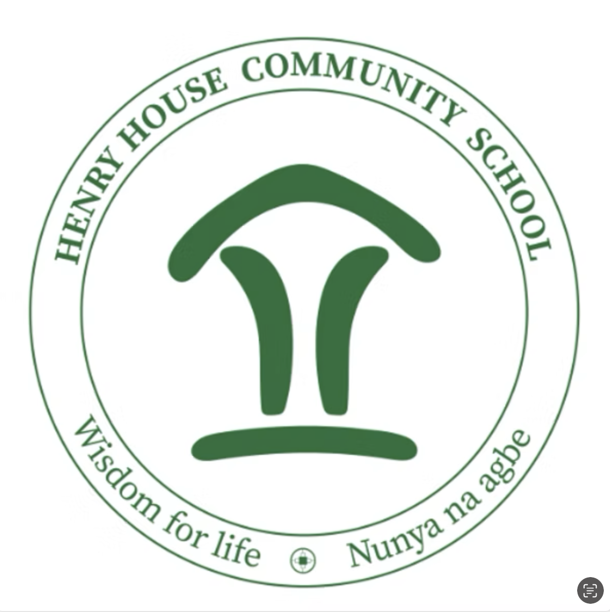 The logo of Huiry House Community School features a stylized green house or plant symbol inside a circular border. The outer ring contains the text "Huiry House Community School" at the top and "Wisdom for life - Nunya na agbe" at the bottom, indicating the school's motto.