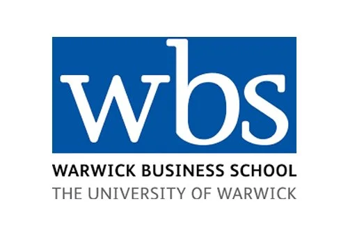 Warwick Business School logo with blue background and white text