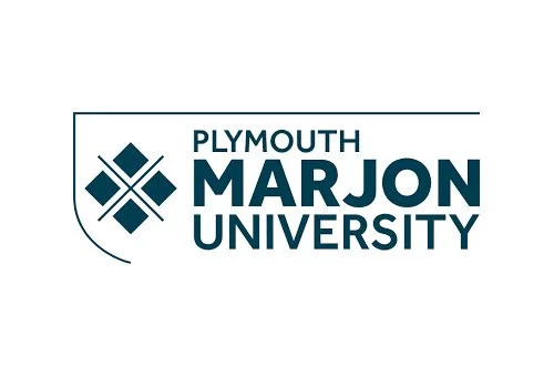 Plymouth Marjon University logo with text and geometric design.