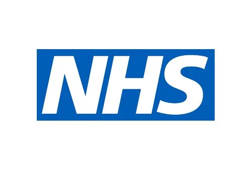 NHS logo in blue and white.