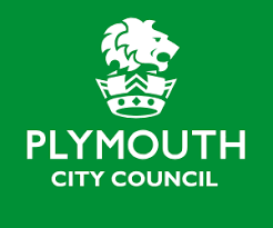 Green background with white logo of a lion's head and a crown, and text reading 'Plymouth City Council'.