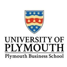 University of Plymouth logo featuring a shield with stars, waves, and a dog, with the text 'University of Plymouth Plymouth Business School' beneath it.