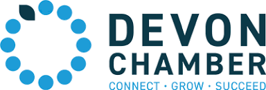 Devon Chamber logo with blue and black text and circle graphic