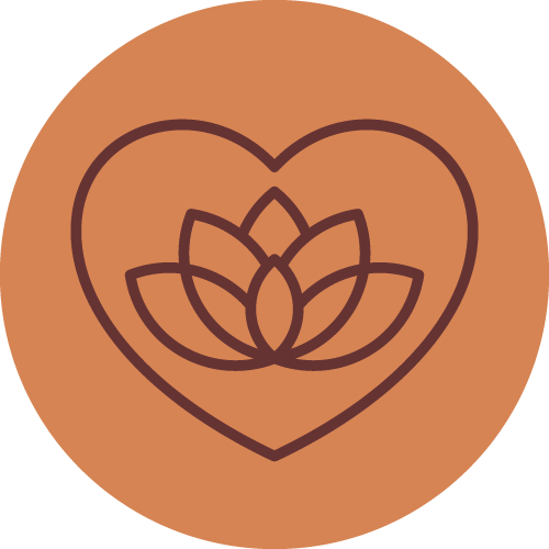Un symbole de fleur de lotus à l'intérieur d'un cœur, dessiné en lignes brunes sur fond marron.