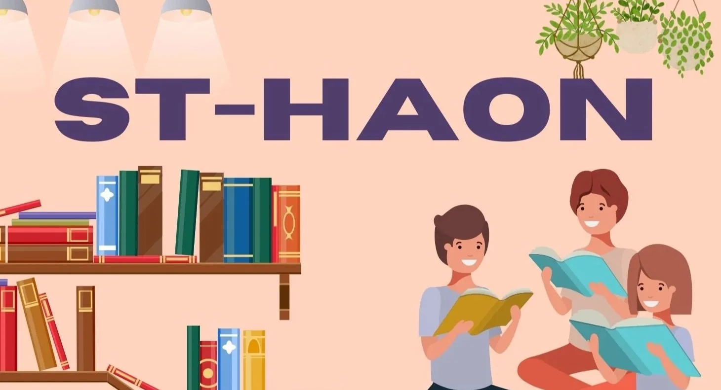 Illustration avec le texte 'ST-HAON', une bibliothèque, des livres et trois personnes lisant ensemble, avec des plantes et des lampes au plafond.