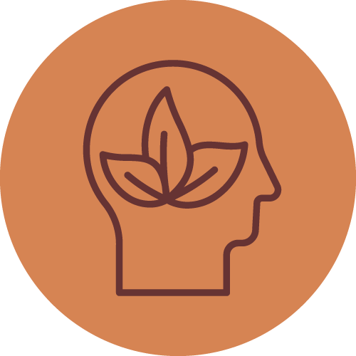 Icône d'une tête humaine avec une feuille dans le cerveau, symbolisant la santé mentale ou le bien-être mental.