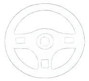 A white steering wheel with control buttons on a black background.