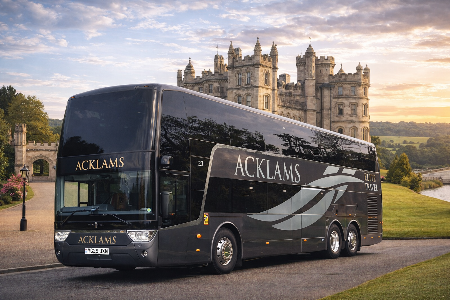 Black double-decker Acklams coach bus park near a historic castle with lush green landscape and cloudy sky in the background.