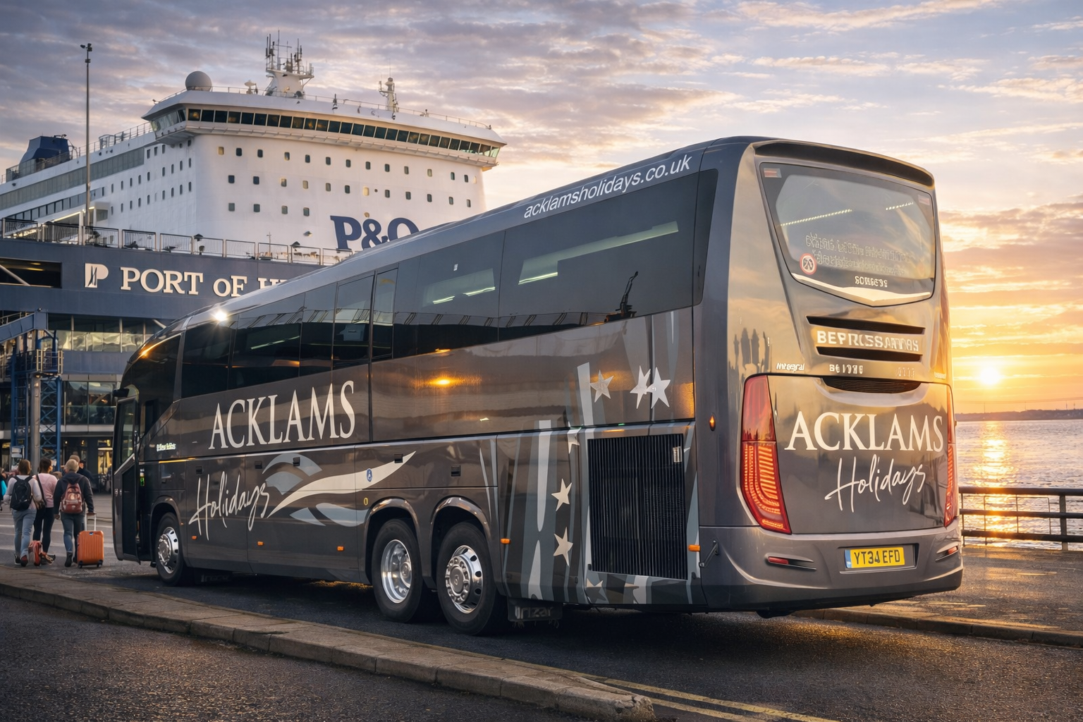 A double-decker bus with 'ACKLAMS Holidays' written on it, parked near a port with a large cruise ship in the background during sunset.