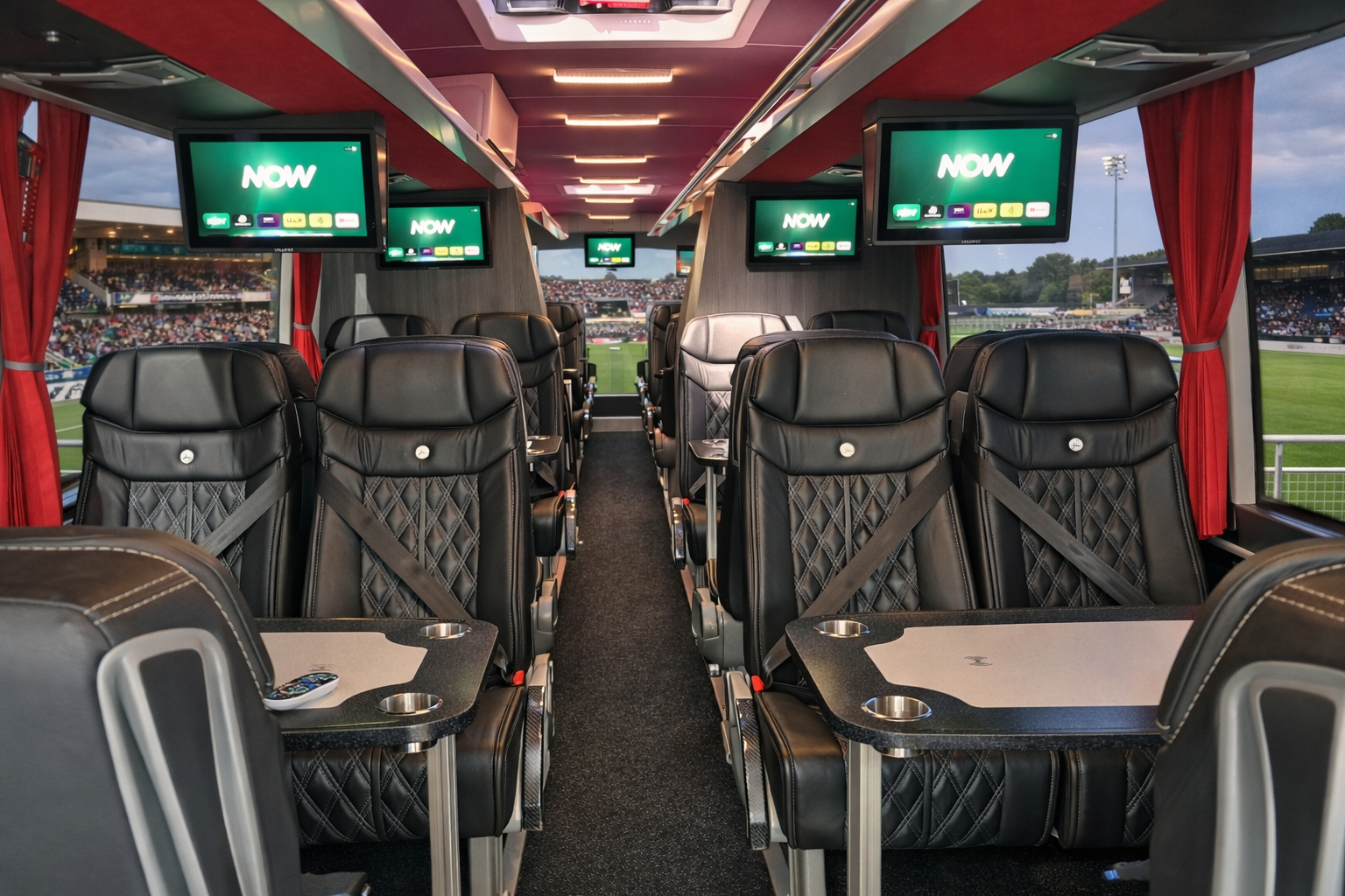 Inside a luxury bus with black leather seating facing forward, some seats have trays and remotes, with television screens hanging from the ceiling displaying the word 'NOW'. Large windows with red curtains reveal a sports stadium with a crowd and a field.