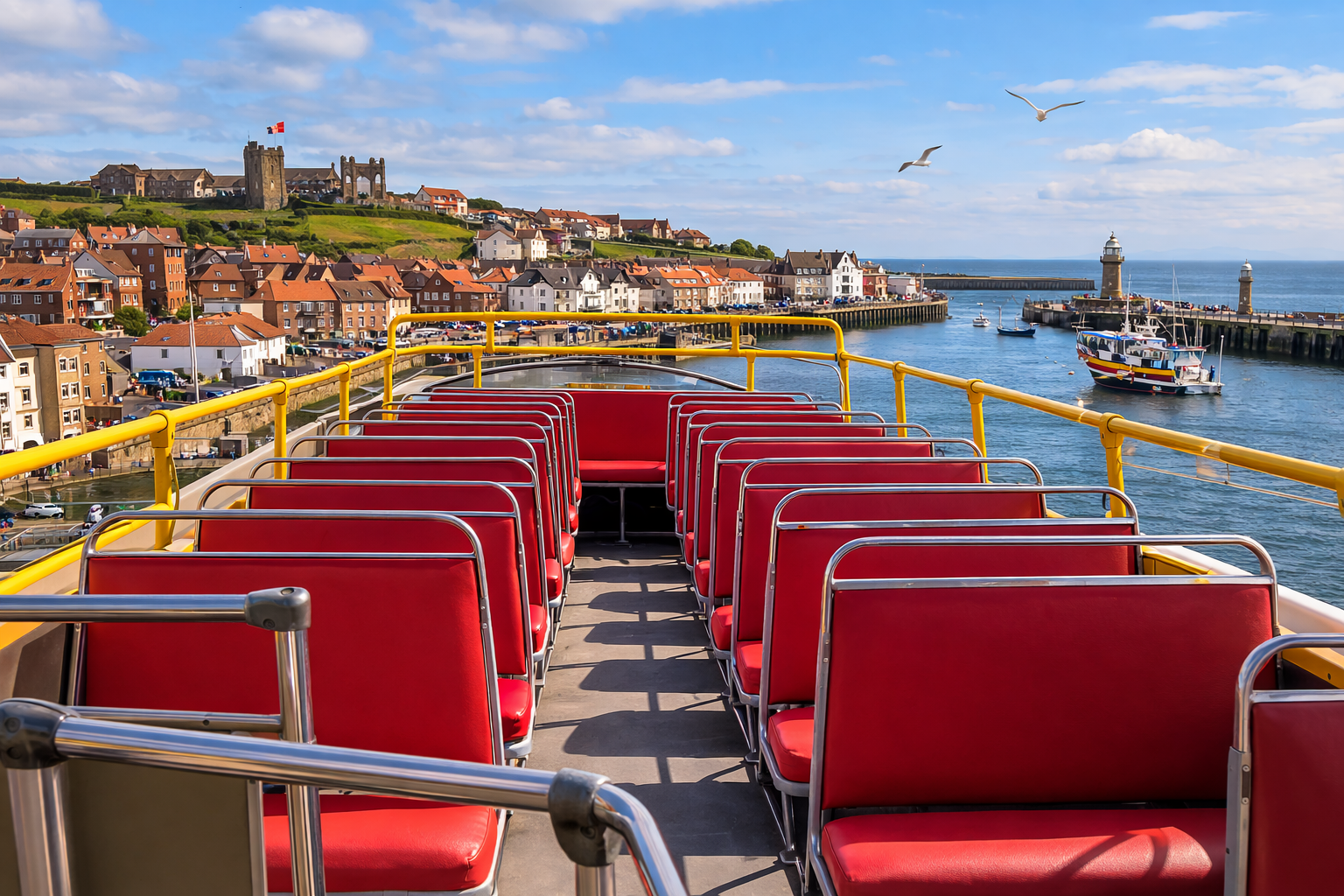 Open-top boat with red seats overlooking a harbor with boats, lighthouse, and colorful buildings on a sunny day.