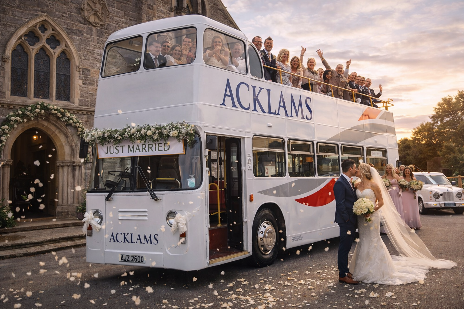 Marriage celebration scene with a bus decorated with flowers and a "Just Married" sign, a bride and groom kissing in front, wedding party on top and side, and a historic stone church in the background during sunset.