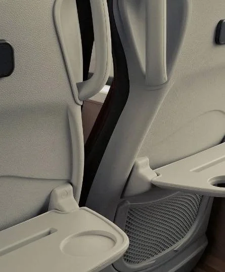 View of the back of airplane seats with fold-out tray tables, one of which is partially lowered.