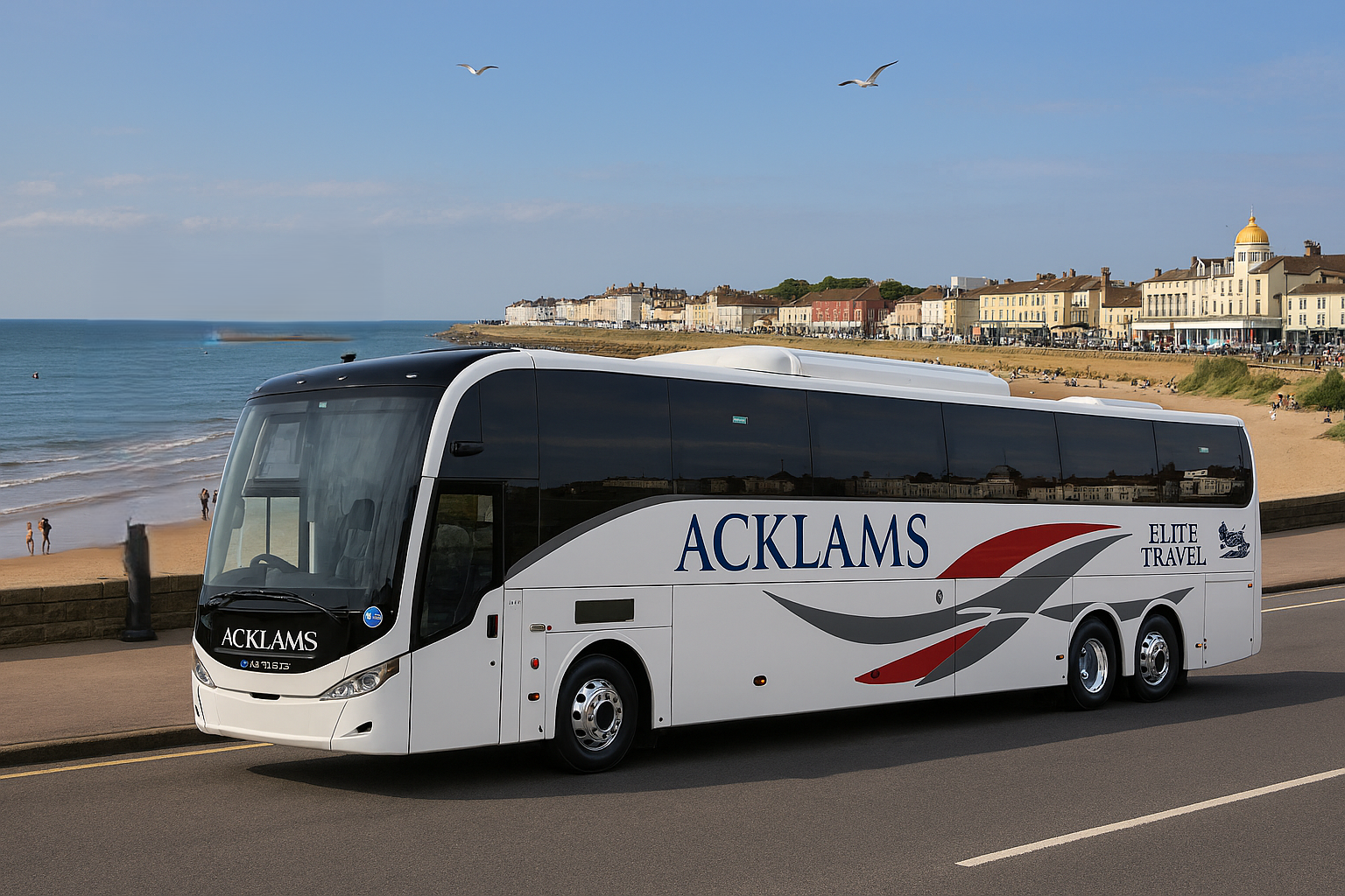 White tour bus with 'ACKLAMS' and 'Elite Travel' branding parked near a beach with buildings, sand, and seagulls overhead.