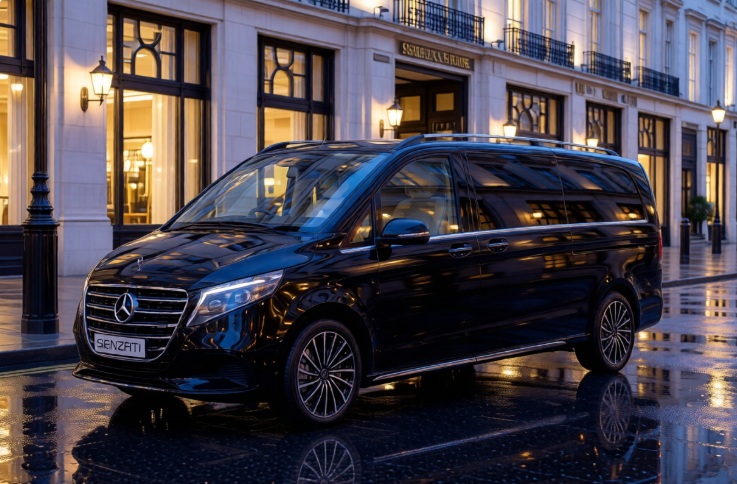 Black Mercedes-Benz van parked outside a hotel on a rainy evening with reflections on wet pavement.