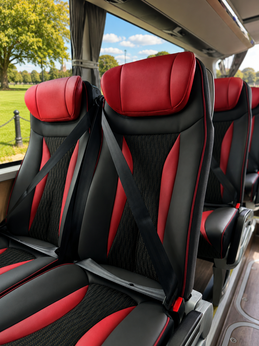 Red and black seats on a bus with seat belts, outdoors with trees and a park visible through the window.